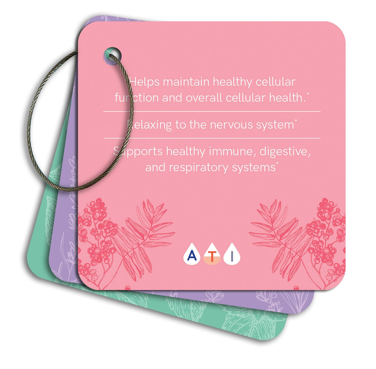 Pink card with ATI logo and text on a white background