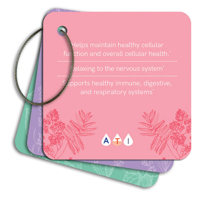 Pink card with ATI logo and text on a white background