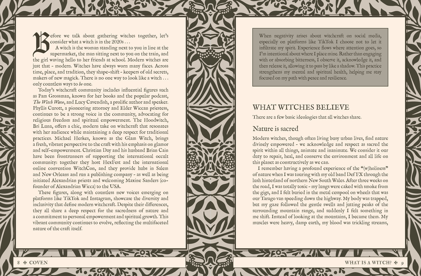 Open book with text and decorative patterns on a textured background