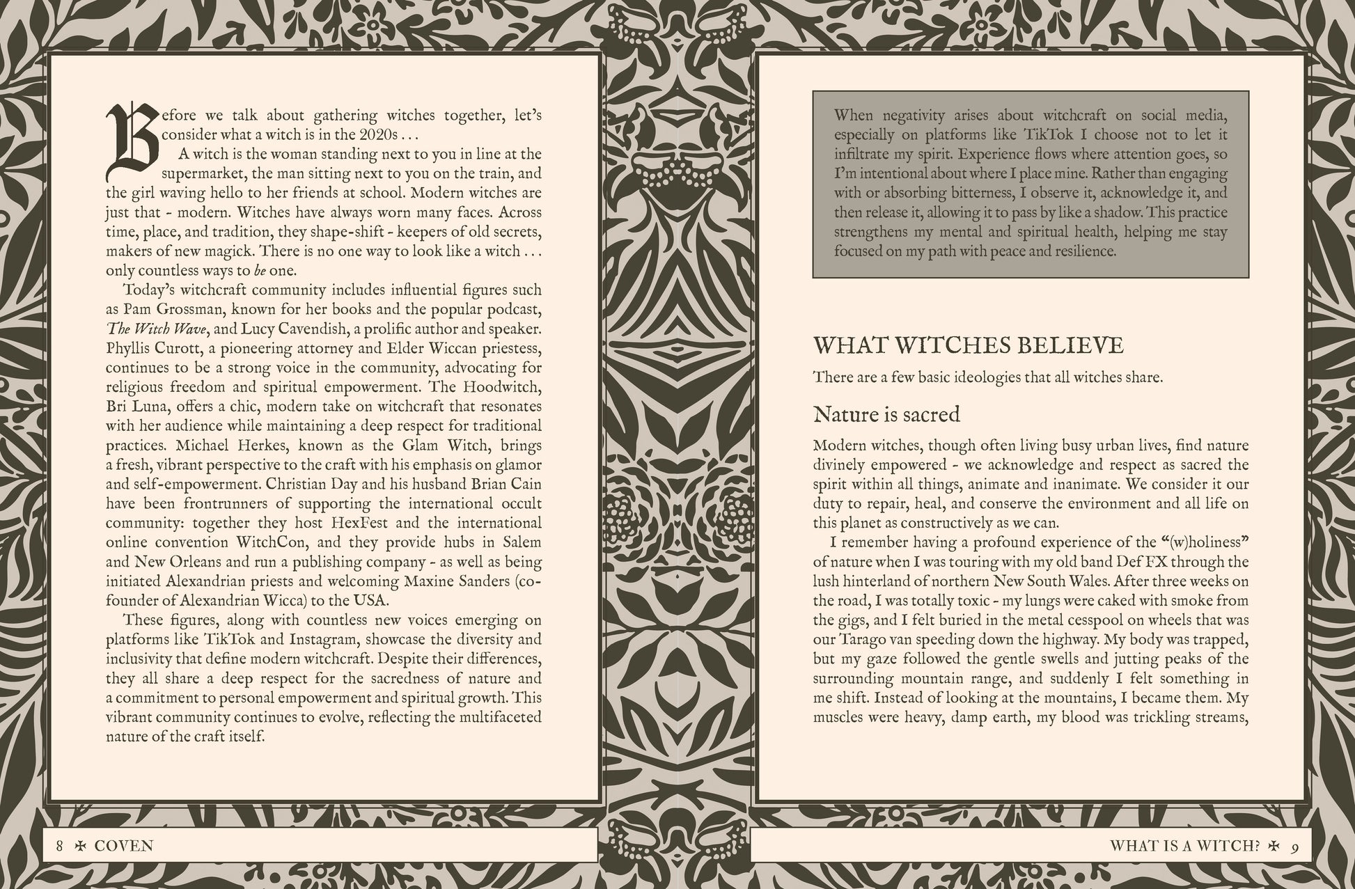 Open book with text and decorative patterns on a textured background