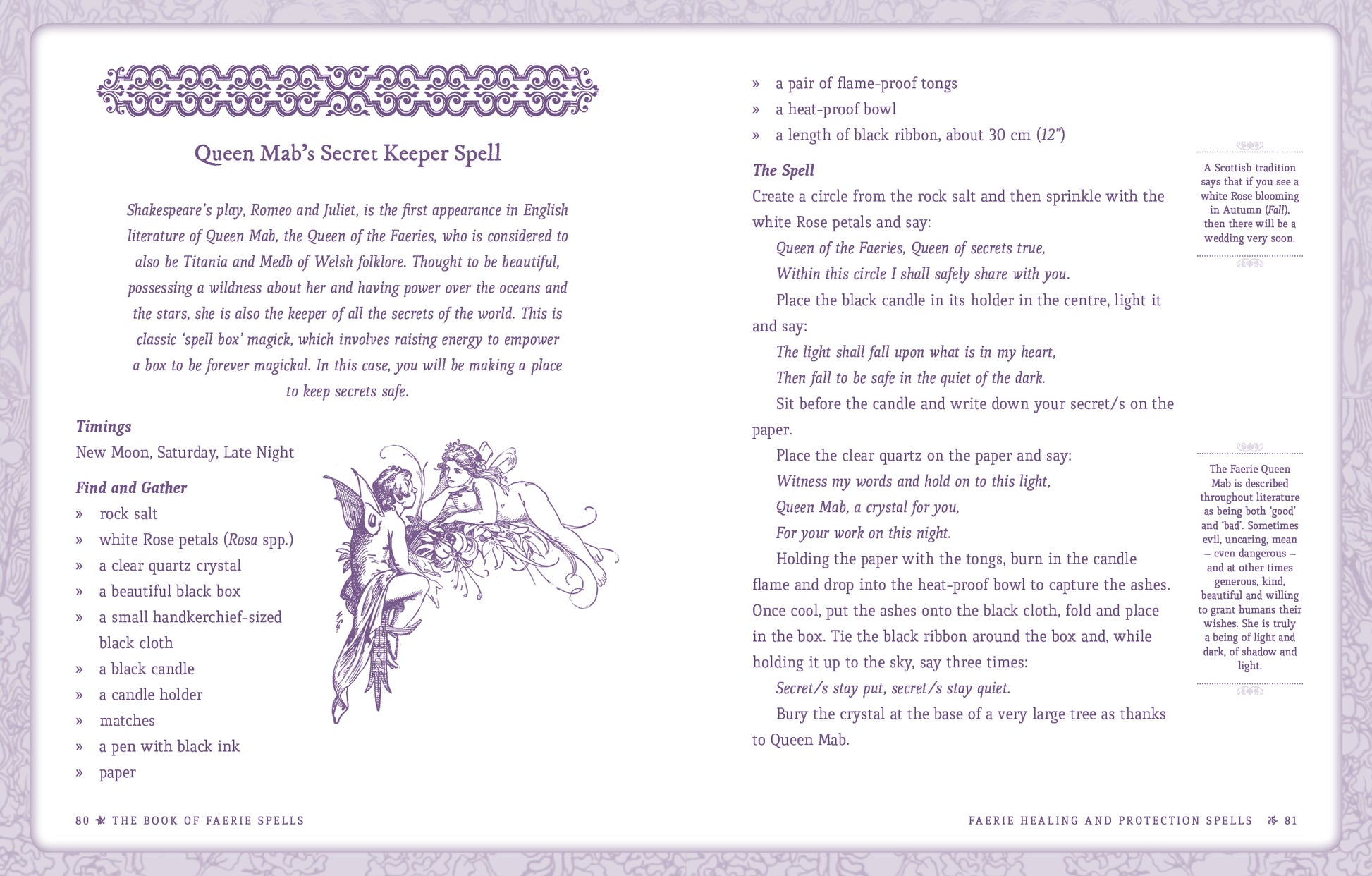 Magical spellbook page with text and illustrations on a light purple background