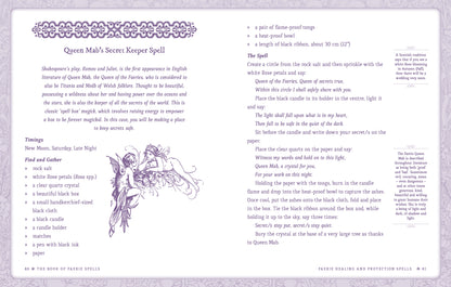Magical spellbook page with text and illustrations on a light purple background