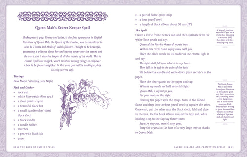 Magical spellbook page with text and illustrations on a light purple background