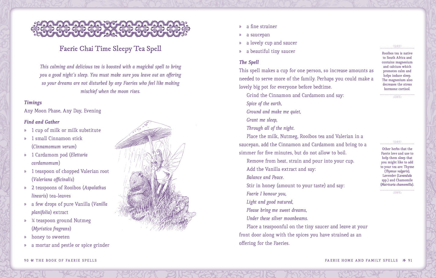 Magical tea spell recipe card with illustrations and text on a purple background