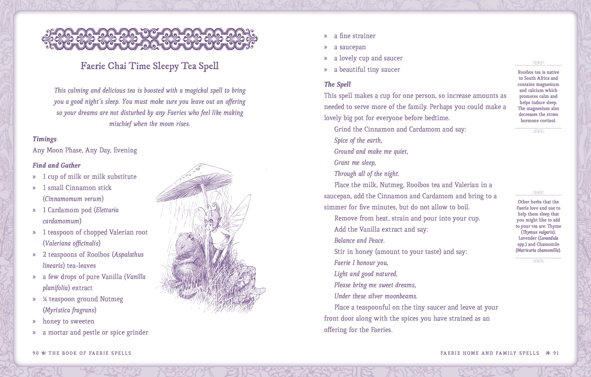 Magical tea spell recipe card with illustrations and text on a purple background