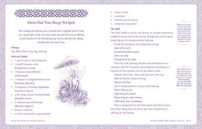 Magical tea spell recipe card with illustrations and text on a purple background