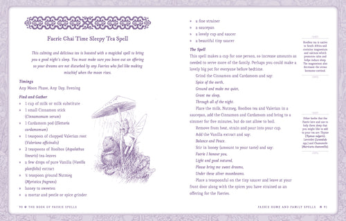 Magical tea spell recipe card with illustrations and text on a purple background