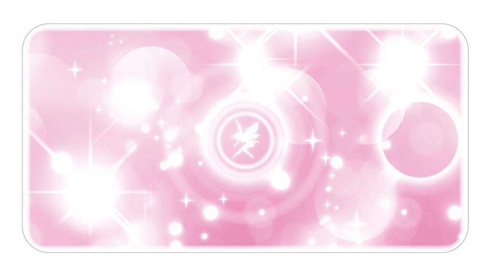 Pink card with a fairy design and star elements on a white background