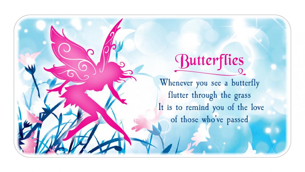 Card with a pink fairy and butterfly design on a blue background