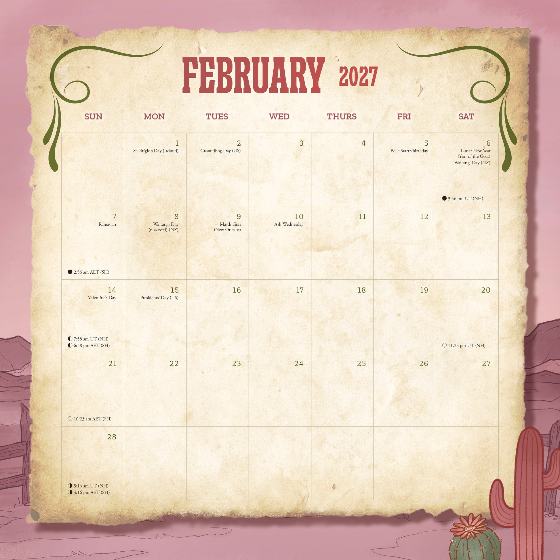 February 2027 calendar on a pink background with cacti