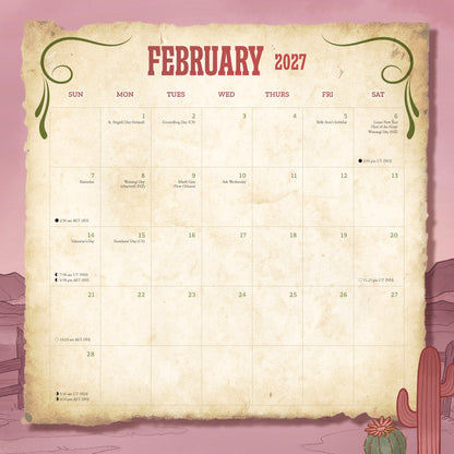 February 2027 calendar on a pink background with cacti