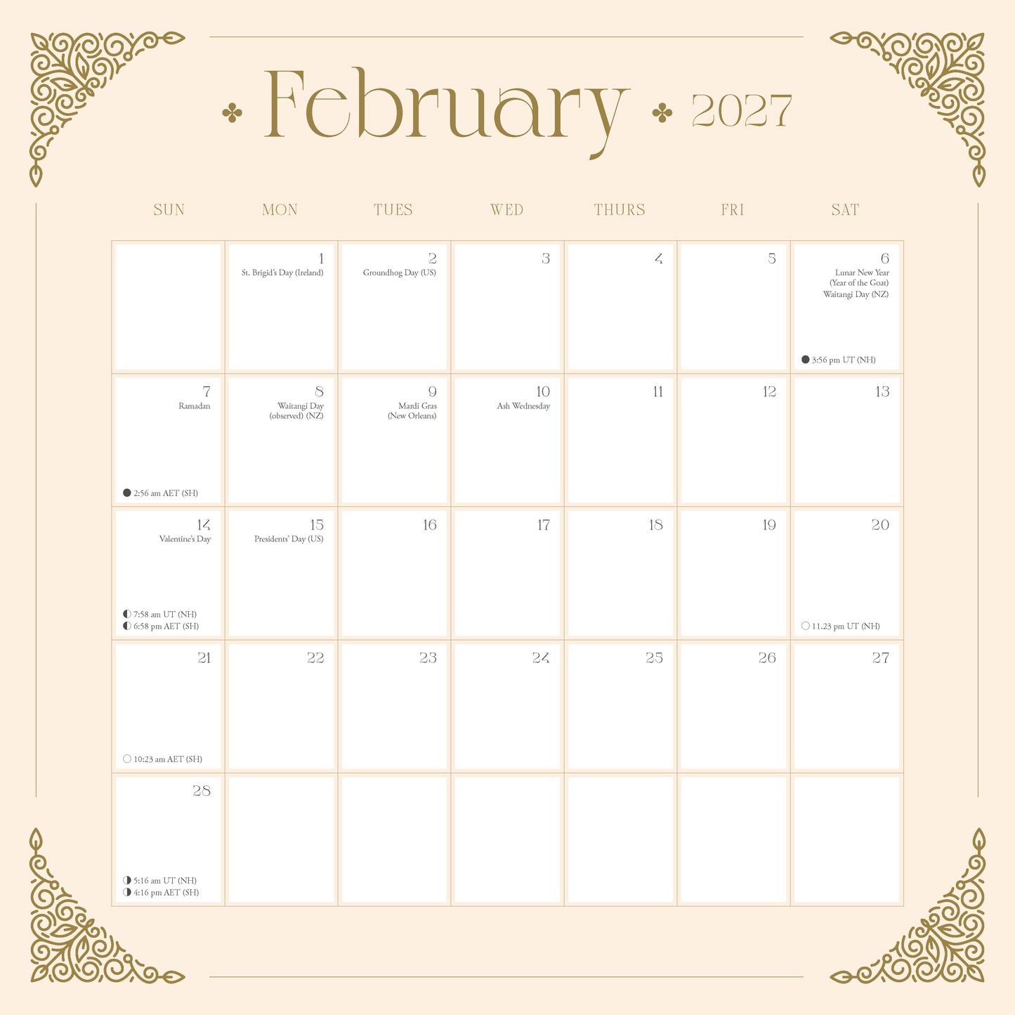 February 2027 calendar with decorative elements on a beige background