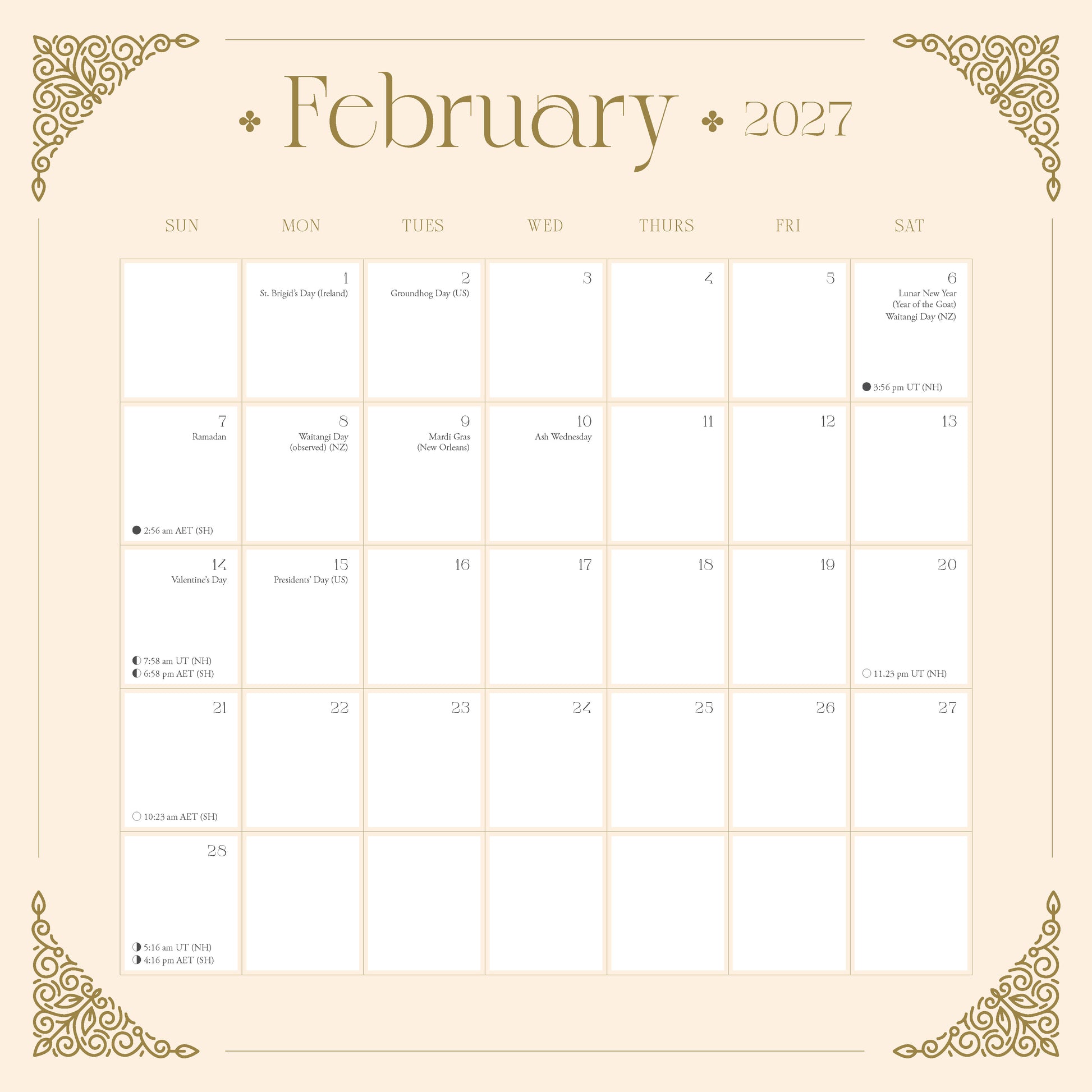 February 2027 calendar with decorative elements on a beige background