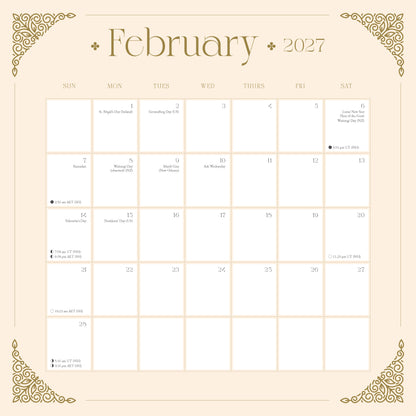 February 2027 calendar with decorative elements on a beige background