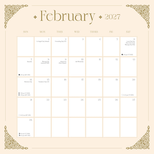 February 2027 calendar with decorative elements on a beige background
