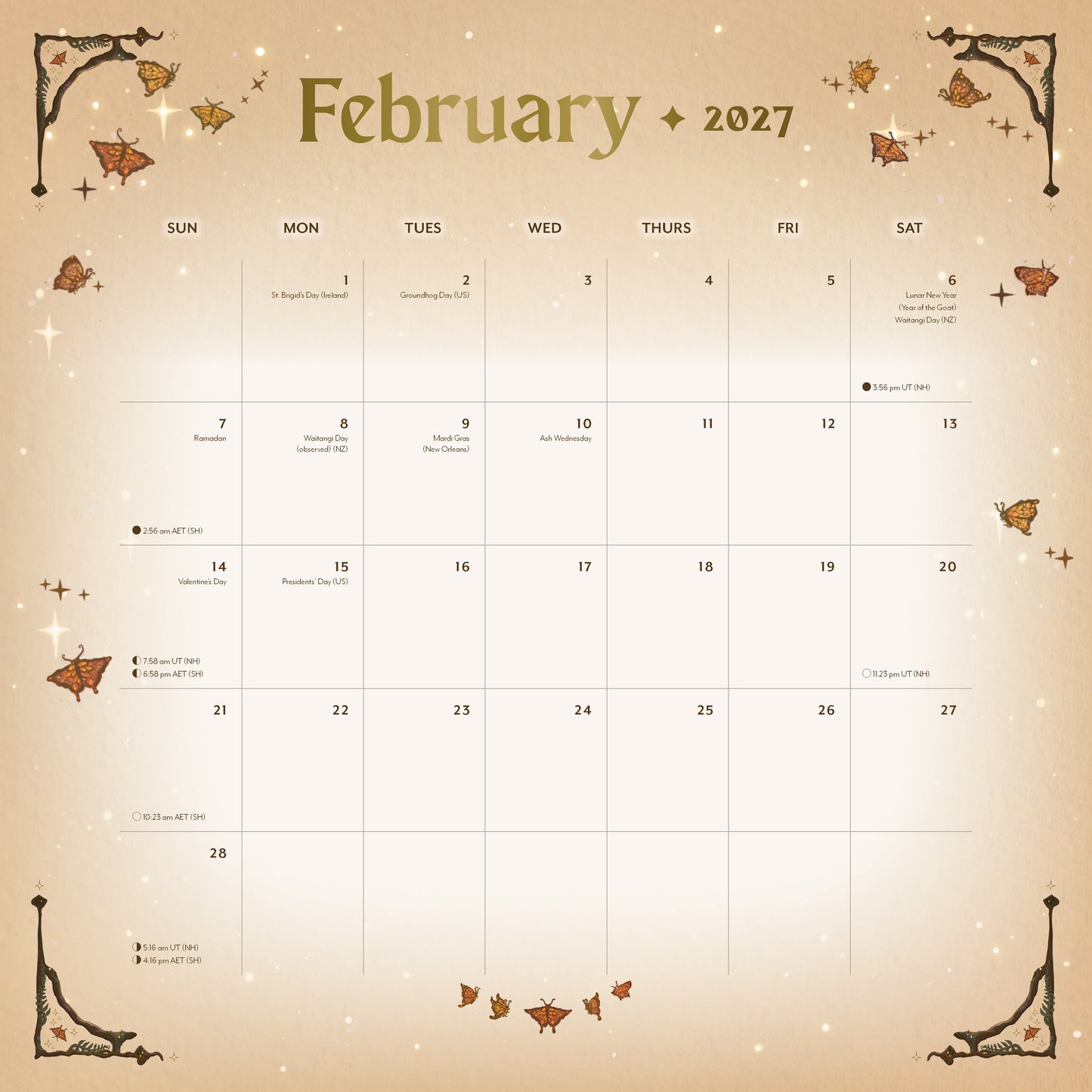 February 2027 calendar with decorative elements on a beige background