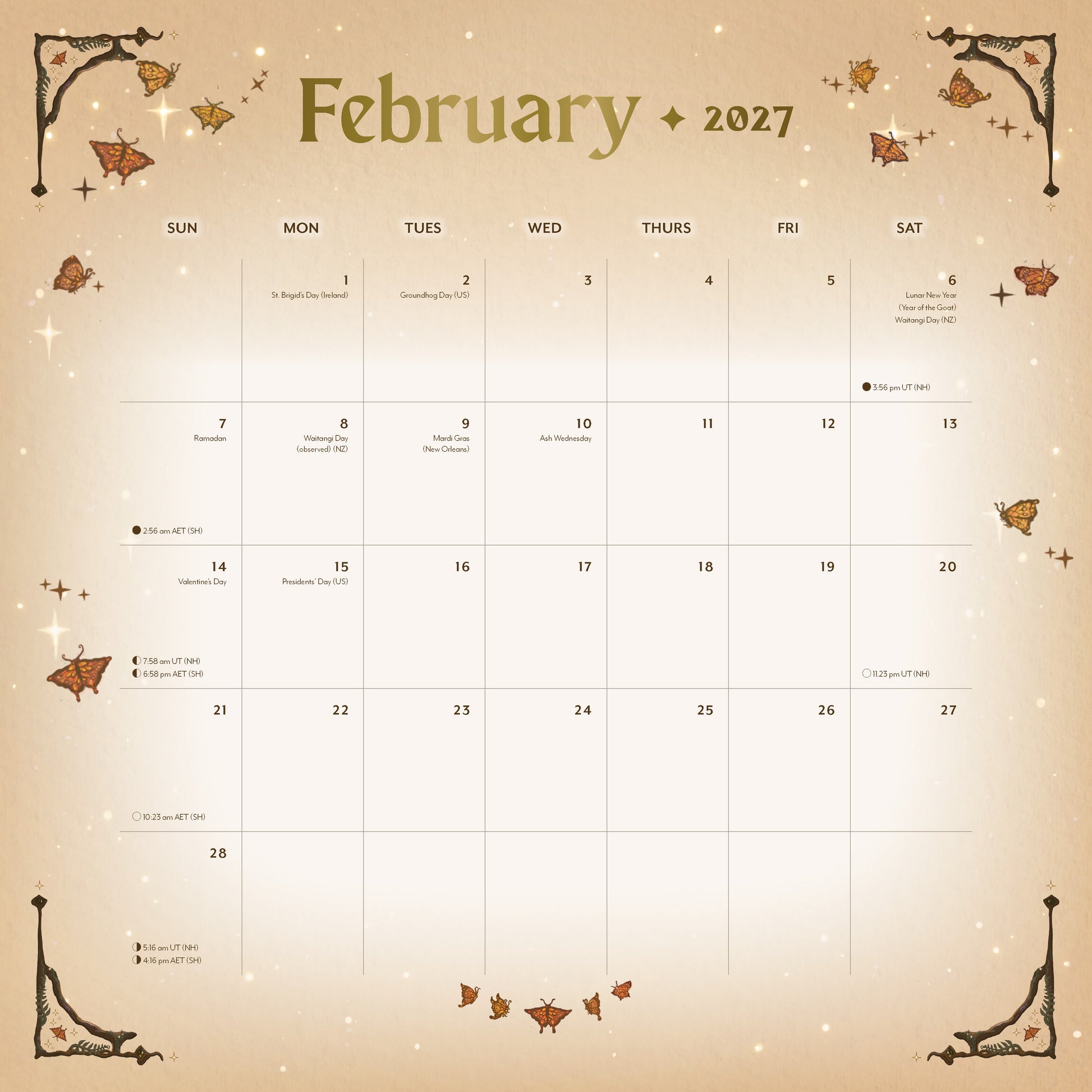 February 2027 calendar with decorative elements on a beige background
