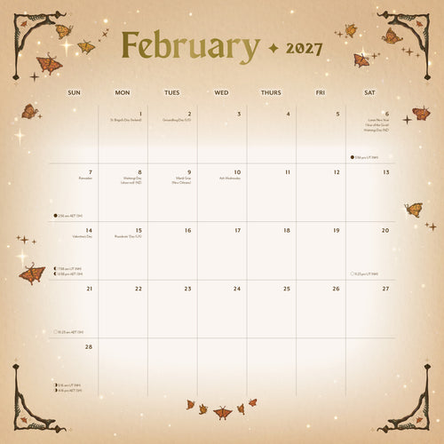 February 2027 calendar with decorative elements on a beige background