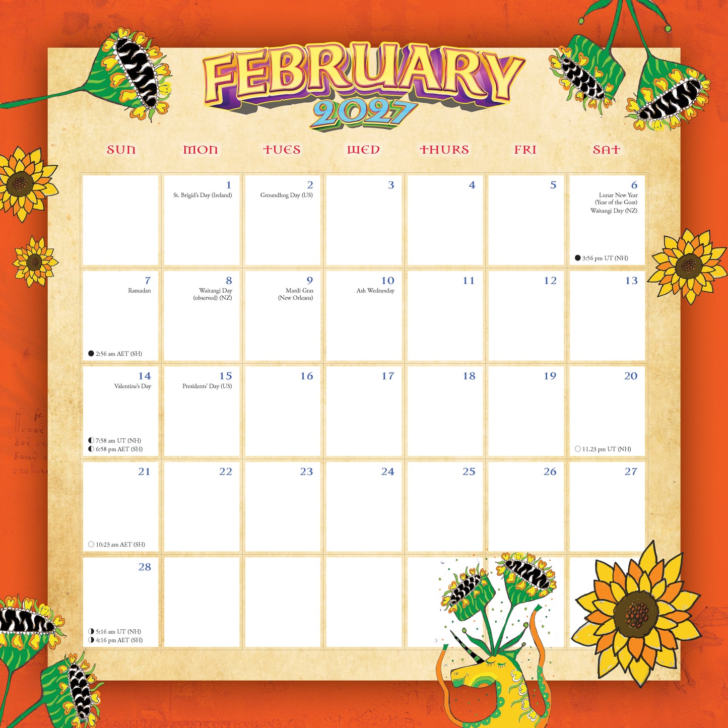 February 2027 calendar with decorative elements on an orange background
