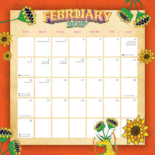 February 2027 calendar with decorative elements on an orange background