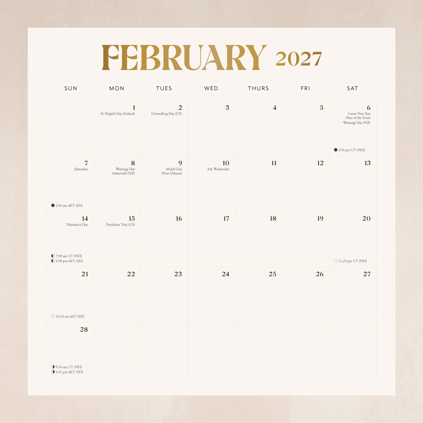 Calendar for February 2027 with a beige border