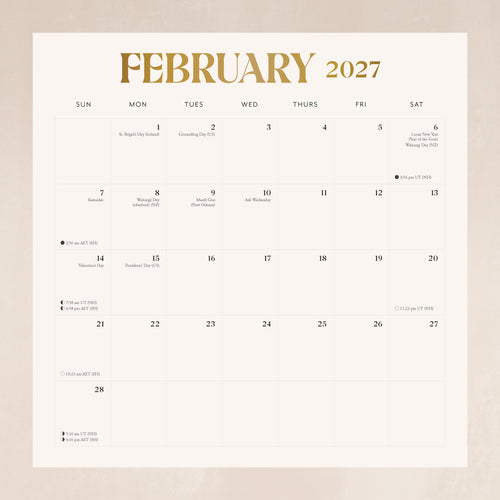 Calendar for February 2027 with a beige border