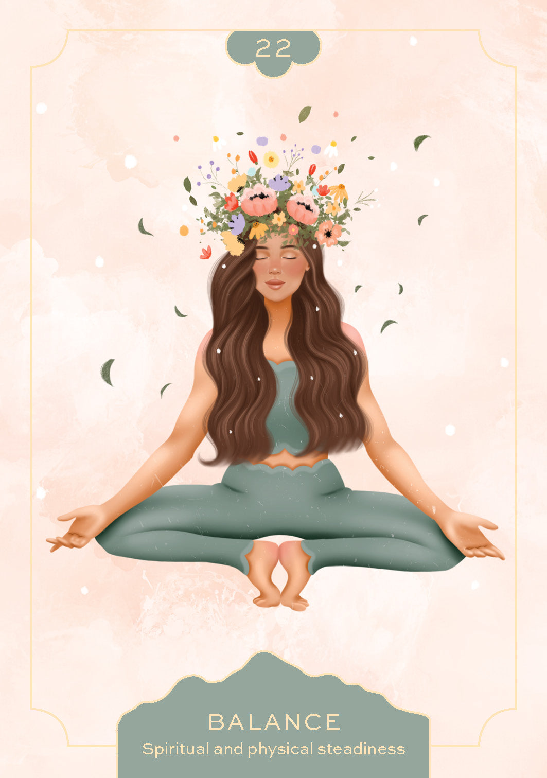 Illustration of a woman in a yoga pose with flowers in her hair on a light background.