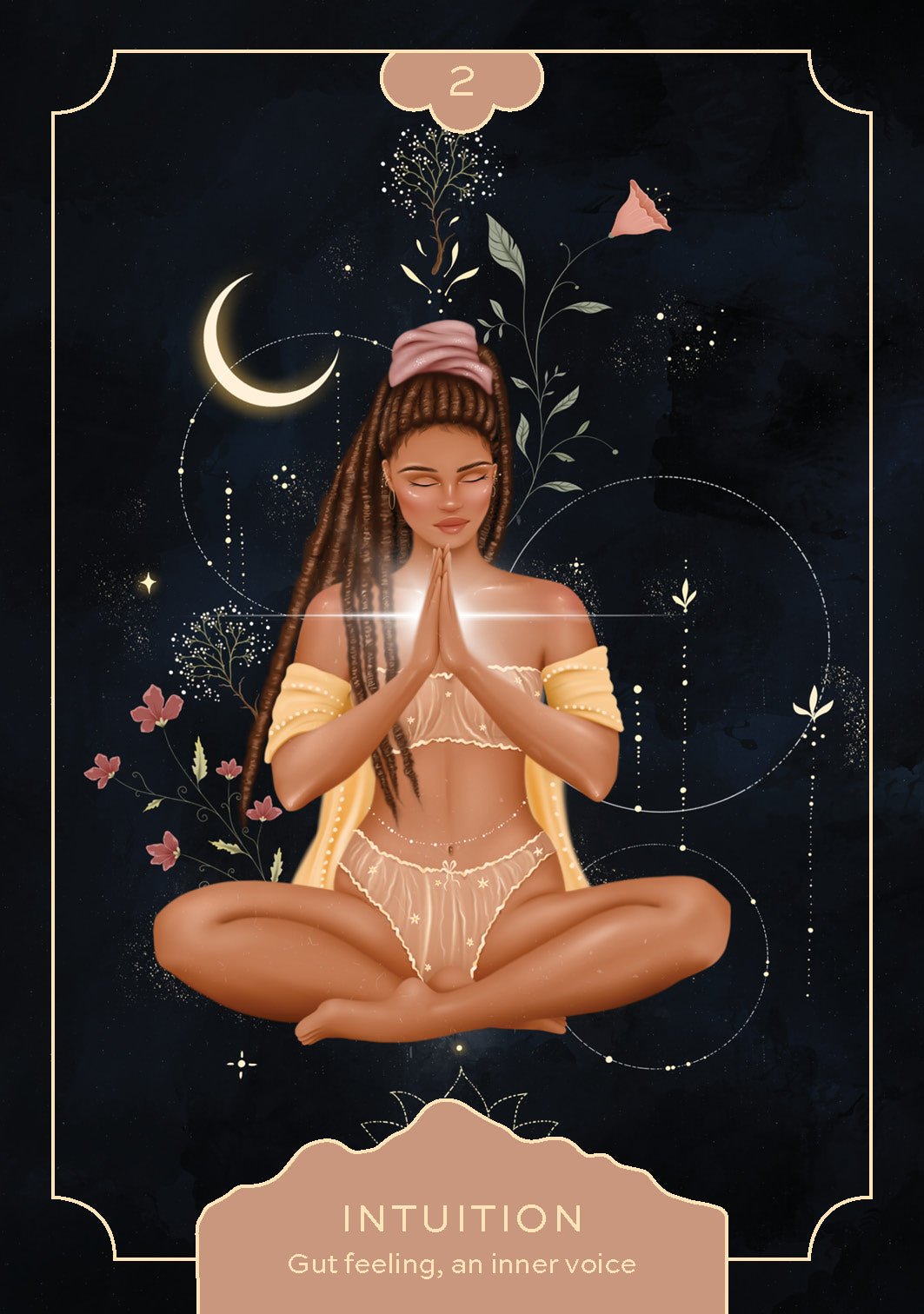 Illustration of a person meditating with celestial elements on a dark background