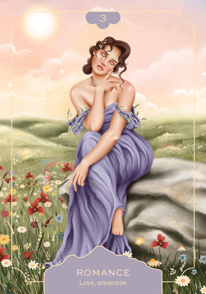 Woman in a purple dress sitting on a rock with flowers and a sunset in the background, labeled '3' for Romance.