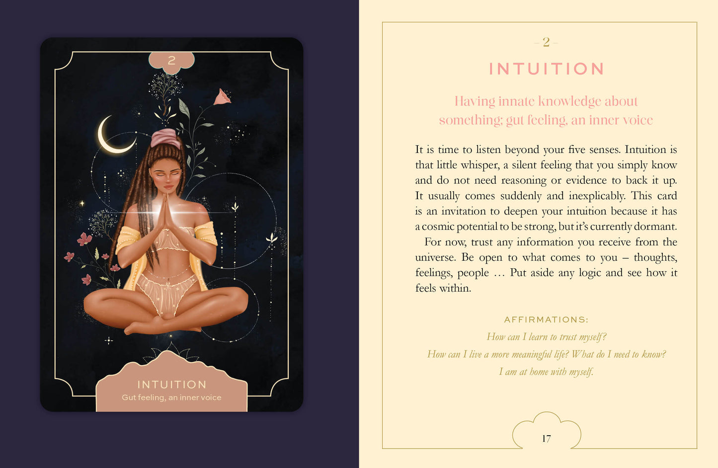 Tarot card with a woman in a meditative pose and celestial elements on a dark background.