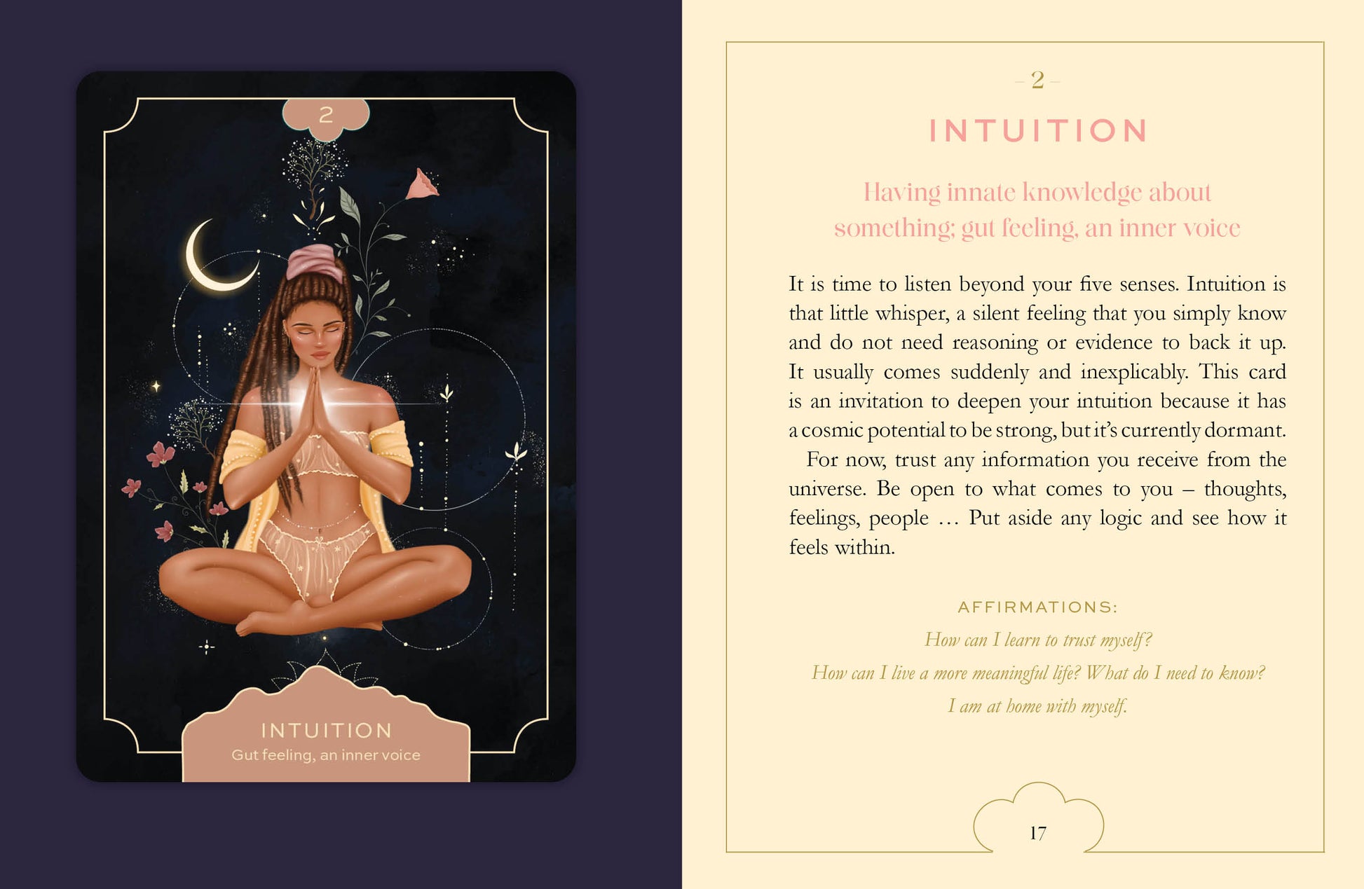 Tarot card with a woman in a meditative pose and celestial elements on a dark background.