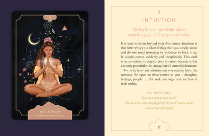 Tarot card with a woman in a meditative pose and celestial elements on a dark background.