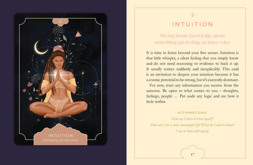Tarot card with a woman in a meditative pose and celestial elements on a dark background.