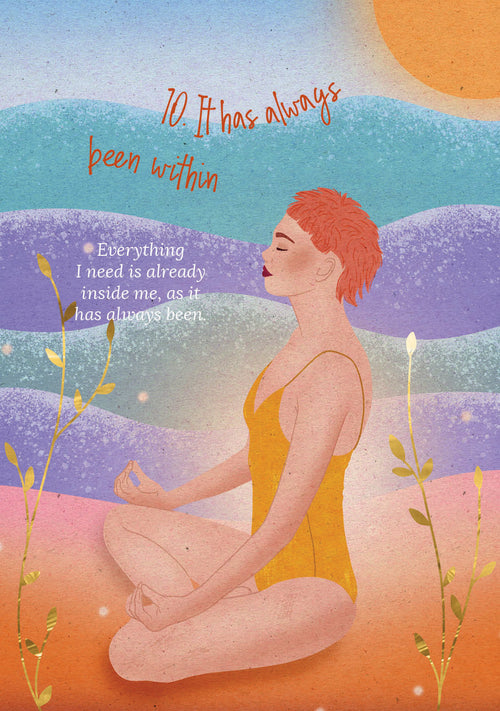 Illustration of a person meditating with a quote about inner strength against a colorful landscape.