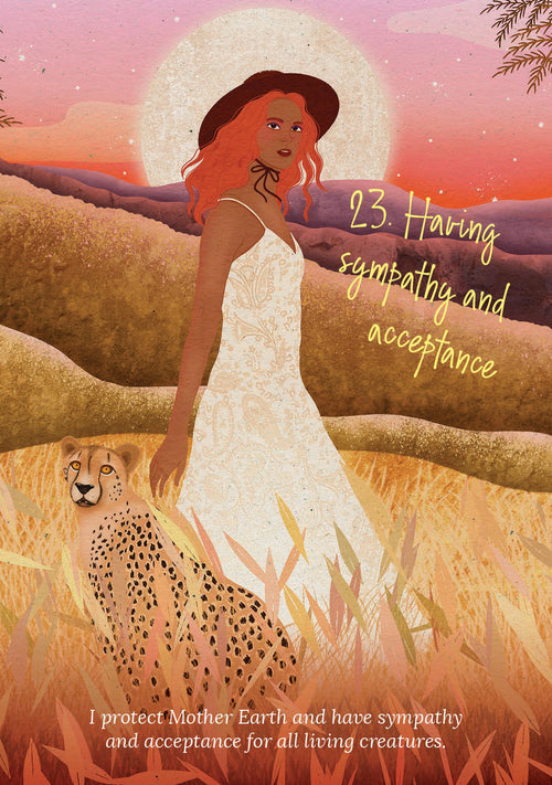 Woman in a white dress standing in a savannah with a cheetah, under a large moon, with text about sympathy and acceptance.