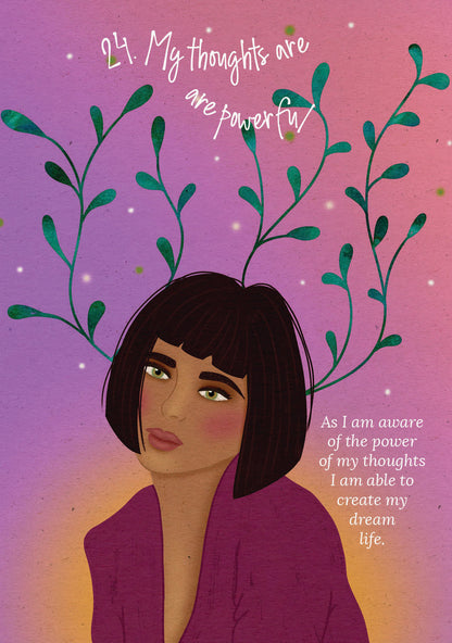 Illustration of a woman with plants growing from her head against a gradient background with motivational text.