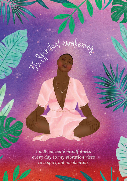 Person in pink robe meditating with green leaves and text on a purple and red background
