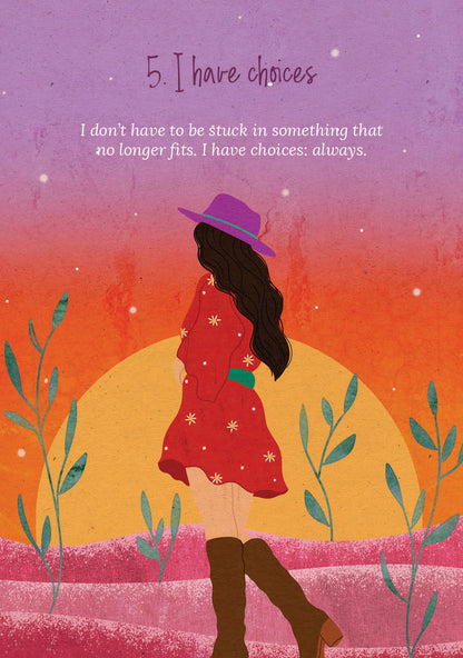Illustration of a woman in a red dress and purple hat against a sunset background with motivational text.