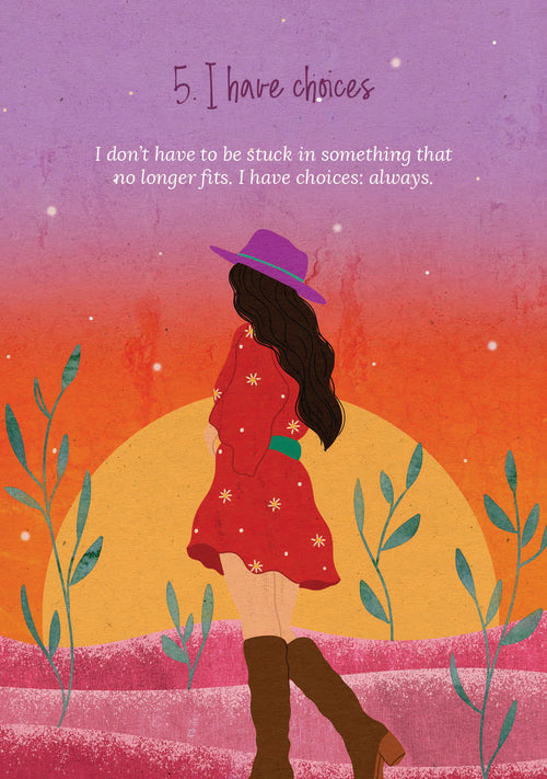 Illustration of a woman in a red dress and purple hat against a sunset background with motivational text.