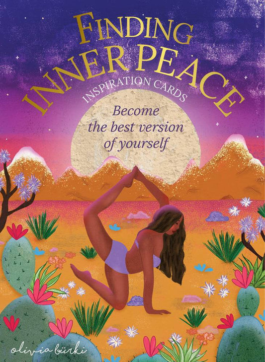 Card packaging with illustration of a woman doing yoga in a desert landscape, featuring text 'Finding Inner Peace Inspiration Cards'.