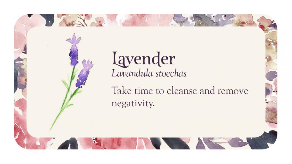 Card with lavender illustration and text on a floral background