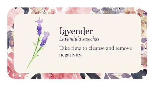 Card with lavender illustration and text on a floral background