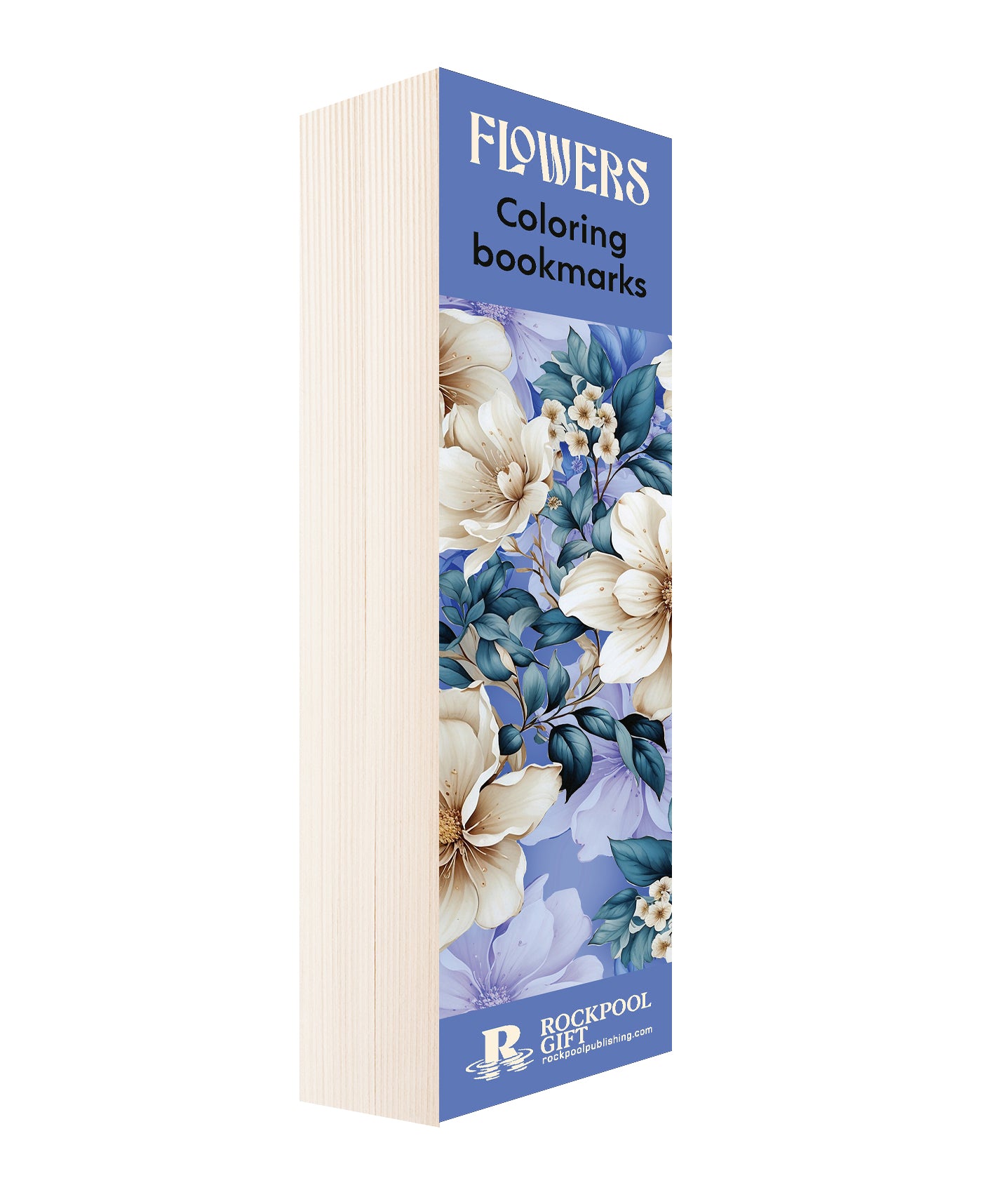 Packaging of coloring bookmarks with floral design on a white background