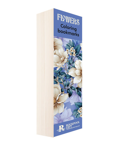 Packaging of coloring bookmarks with floral design on a white background