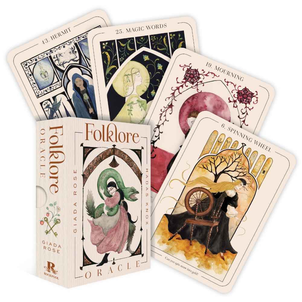 Folklore Oracle cards with colorful illustrations on a white background