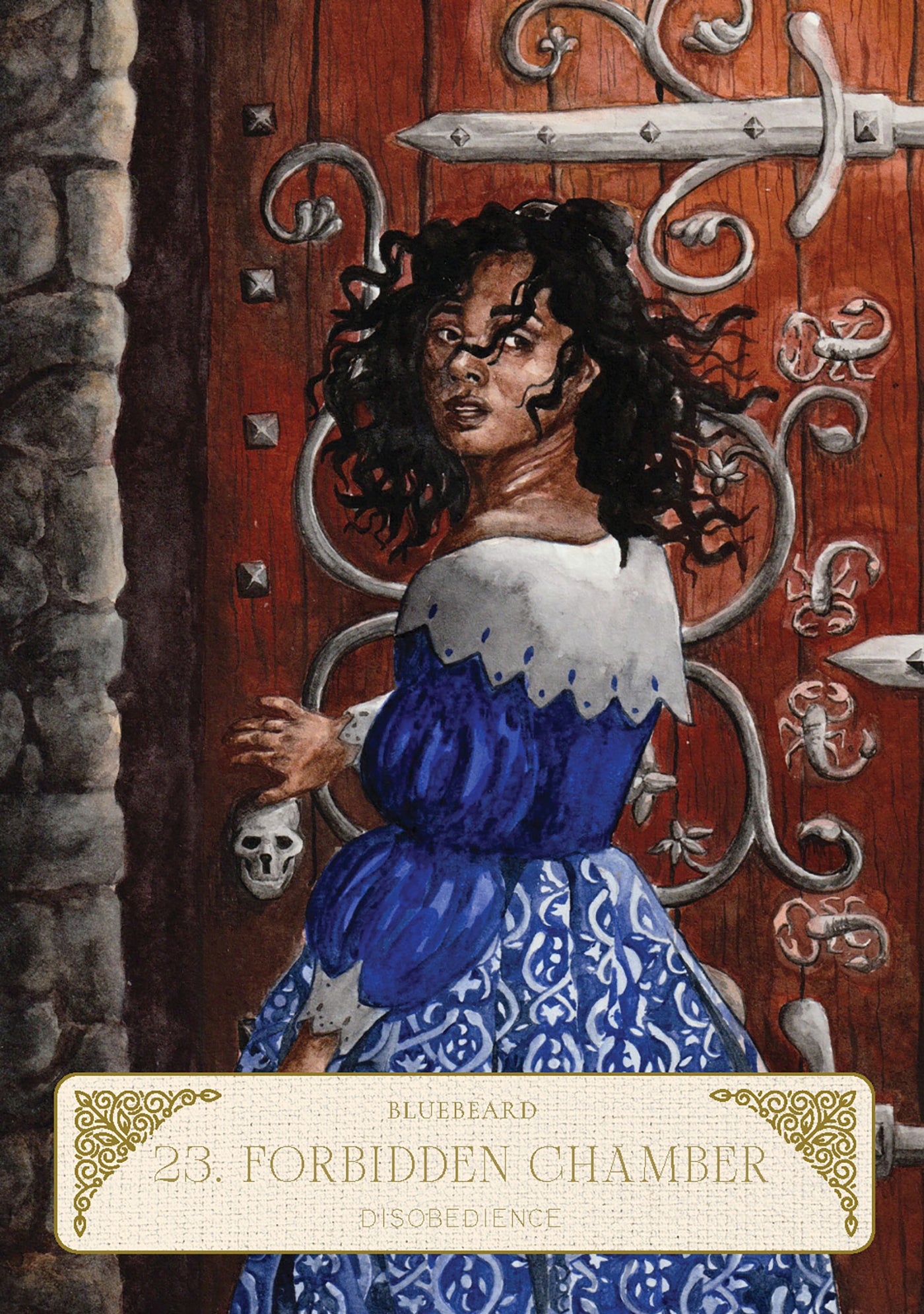 Illustration of a woman in a blue dress standing in front of a wooden door with intricate designs.