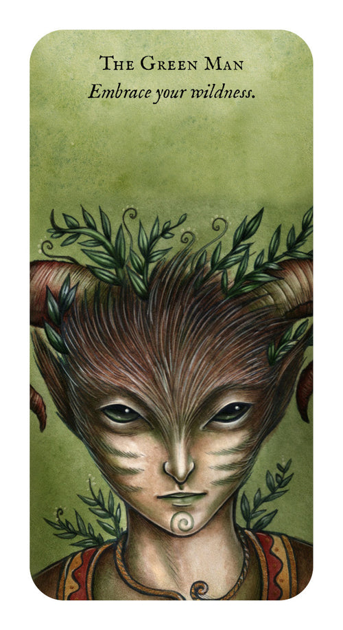 Card featuring an illustration of a green-skinned creature with horns and leaves, with text 'The Green Man Embrace your wildness.'.
