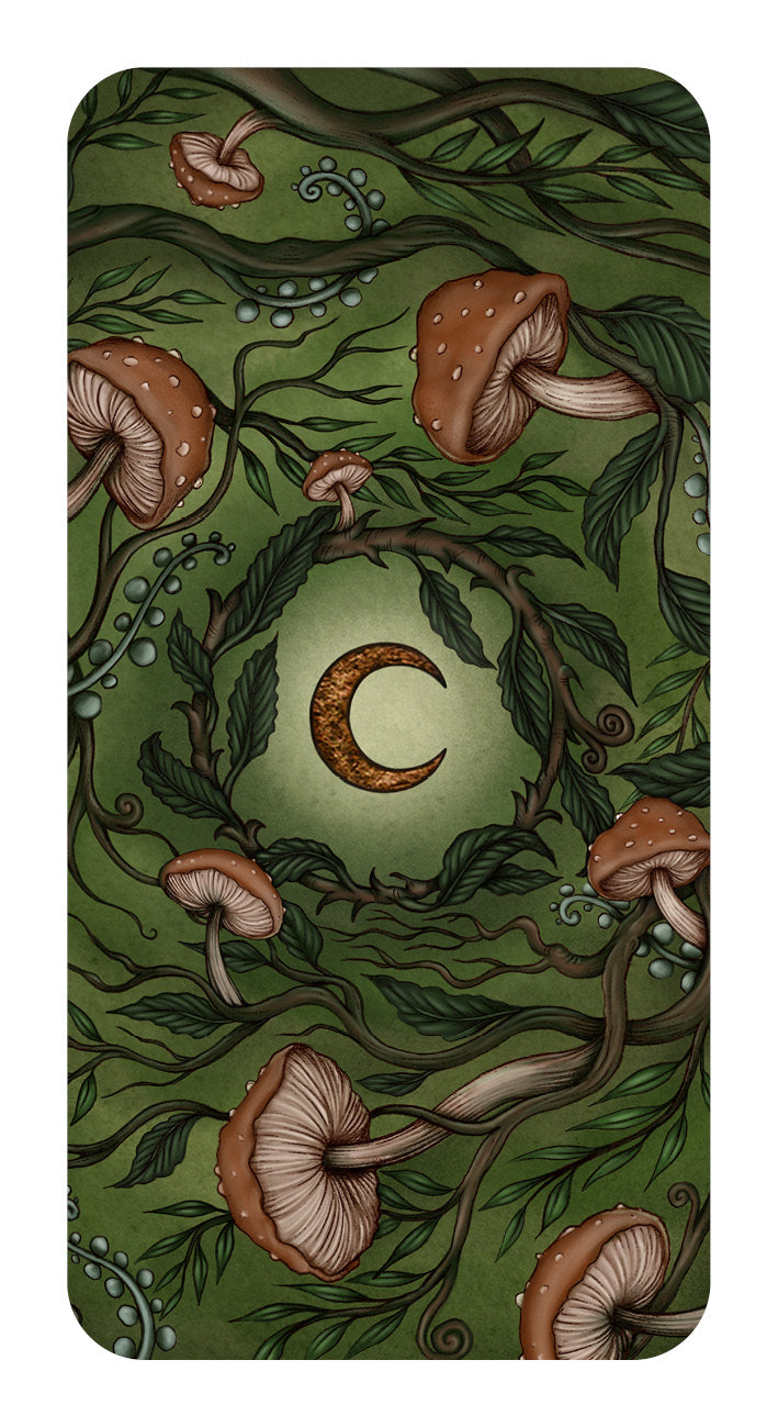 Decorative card with mushrooms and a crescent moon on a green background