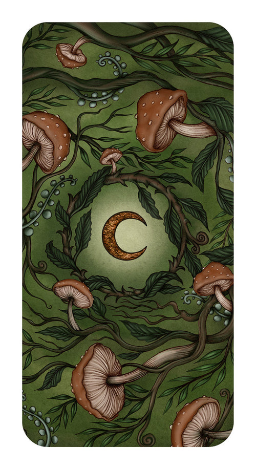 Decorative card with mushrooms and a crescent moon on a green background