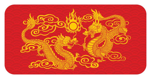 Gold dragons and sun on a red background